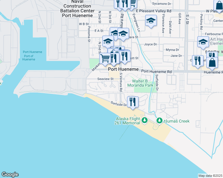 map of restaurants, bars, coffee shops, grocery stores, and more near 233 South Ventura Road in Port Hueneme