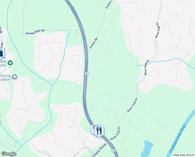 map of restaurants, bars, coffee shops, grocery stores, and more near 2681 Buford Highway in Cumming