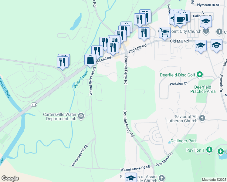 map of restaurants, bars, coffee shops, grocery stores, and more near 245 Douthit Ferry Road in Cartersville