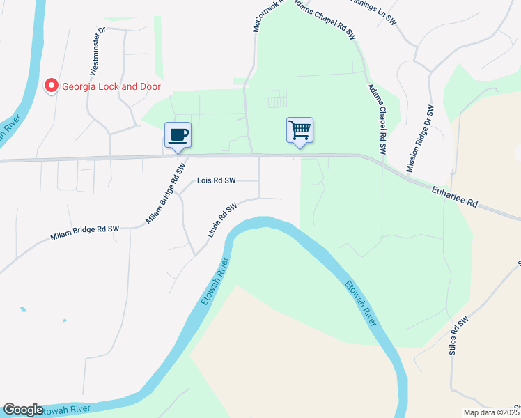 map of restaurants, bars, coffee shops, grocery stores, and more near 27 Linda Road Southwest in Euharlee