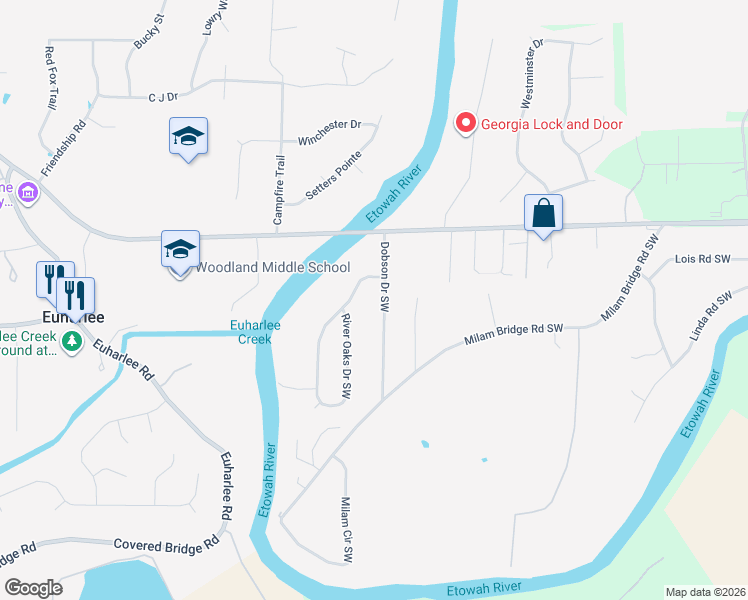 map of restaurants, bars, coffee shops, grocery stores, and more near 50 Dobson Drive Southwest in Cartersville