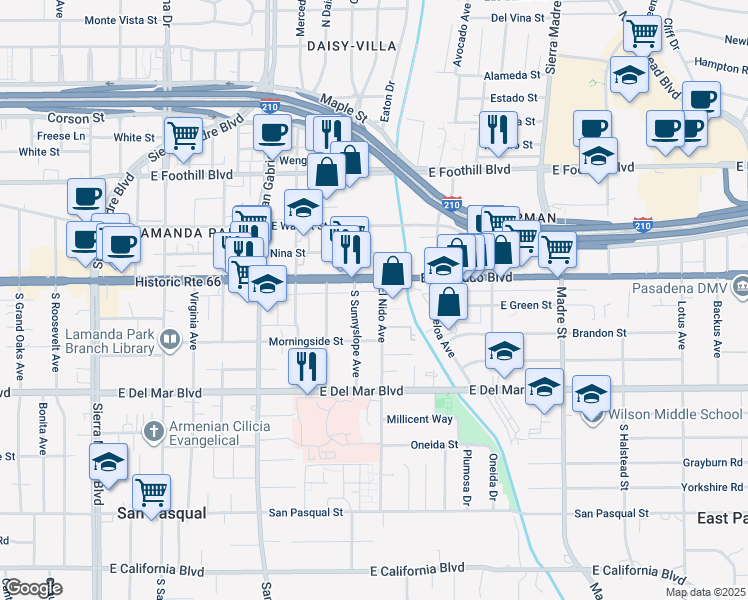 map of restaurants, bars, coffee shops, grocery stores, and more near 35 El Nido Avenue in Pasadena