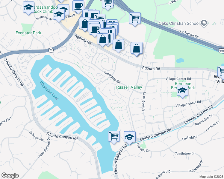 map of restaurants, bars, coffee shops, grocery stores, and more near 32141 Lake Meadow Lane in Westlake Village