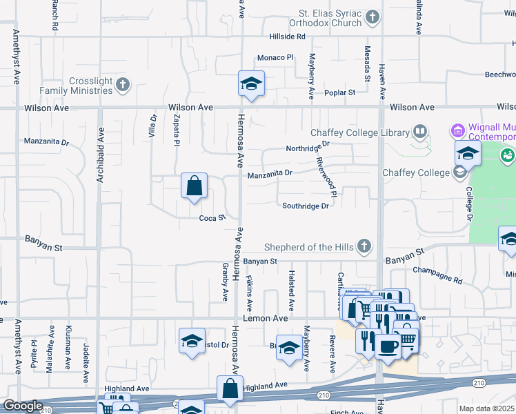 map of restaurants, bars, coffee shops, grocery stores, and more near 10153 Thorpe Court in Rancho Cucamonga