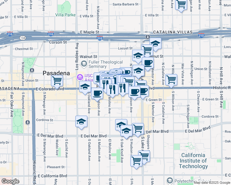 map of restaurants, bars, coffee shops, grocery stores, and more near in Pasadena