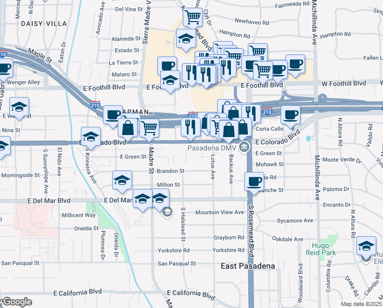 map of restaurants, bars, coffee shops, grocery stores, and more near 3500 East Colorado Boulevard in Pasadena