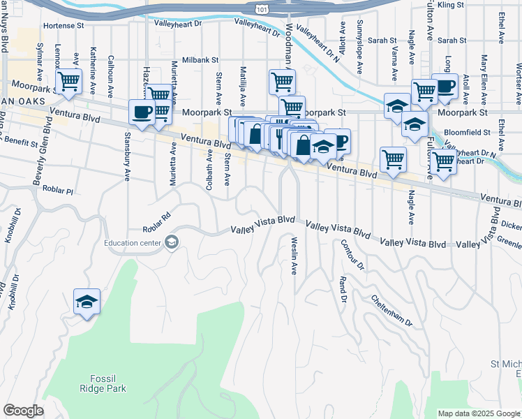 map of restaurants, bars, coffee shops, grocery stores, and more near 4118 Davana Road in Los Angeles