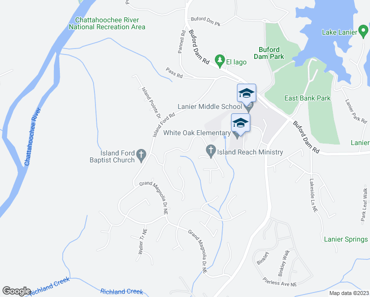 map of restaurants, bars, coffee shops, grocery stores, and more near 6890 River Island Circle in Buford