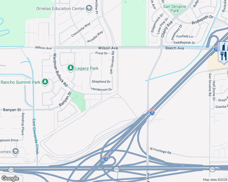 map of restaurants, bars, coffee shops, grocery stores, and more near 14193 Henderson Drive in Rancho Cucamonga