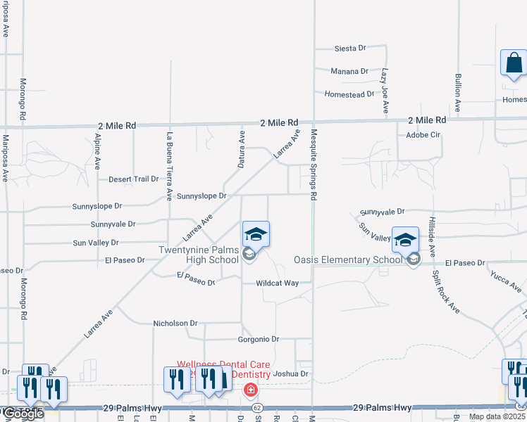 map of restaurants, bars, coffee shops, grocery stores, and more near 5940 Rose Ellen Avenue in Twentynine Palms