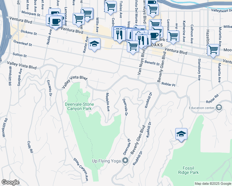 map of restaurants, bars, coffee shops, grocery stores, and more near 4108 Valley Vista Court in Los Angeles