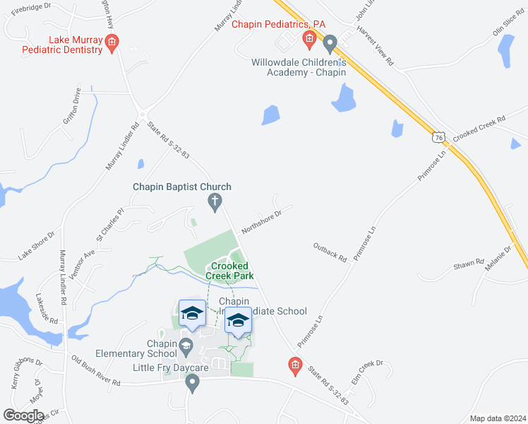 map of restaurants, bars, coffee shops, grocery stores, and more near 304 Creekwood Court in Chapin