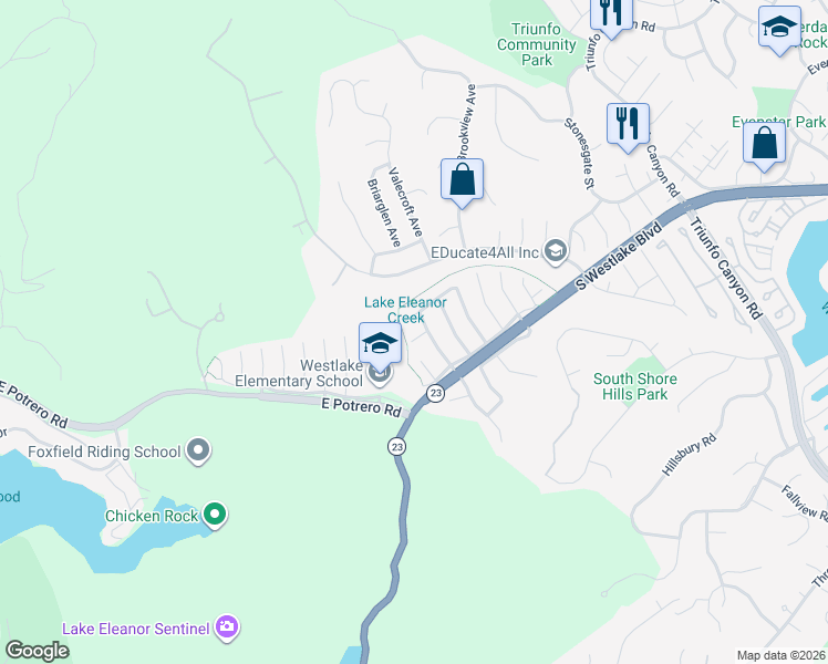 map of restaurants, bars, coffee shops, grocery stores, and more near 1635 Swansea Place in Westlake Village