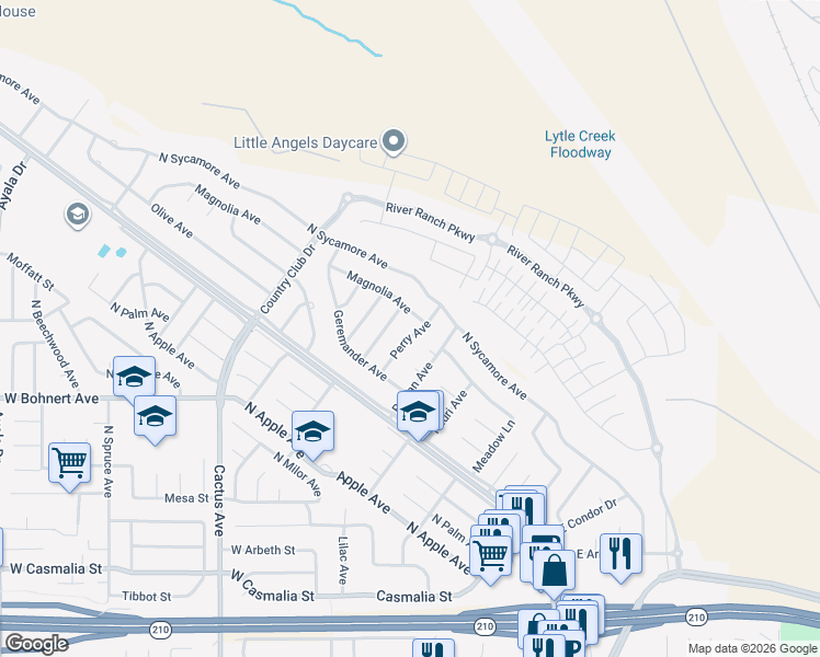 map of restaurants, bars, coffee shops, grocery stores, and more near 19638 Perry Avenue in Rialto