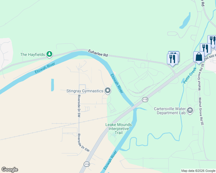 map of restaurants, bars, coffee shops, grocery stores, and more near 51 Curtis Court Southwest in Cartersville