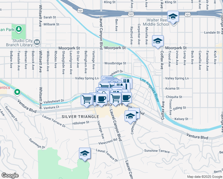 map of restaurants, bars, coffee shops, grocery stores, and more near 12104 Hoffman Street in Los Angeles