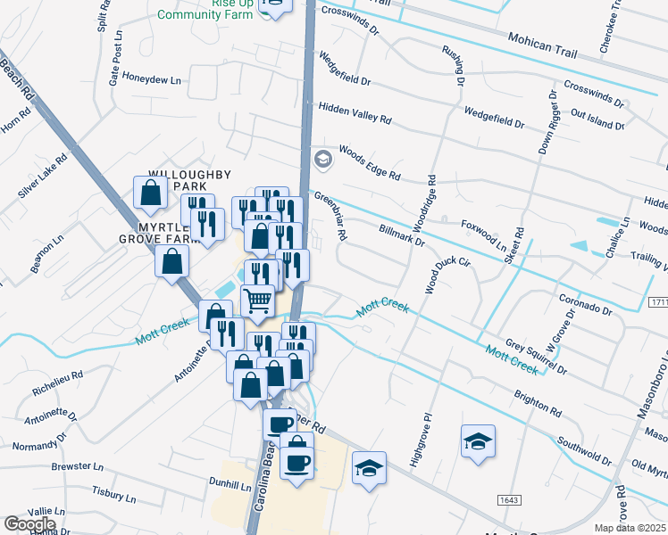 map of restaurants, bars, coffee shops, grocery stores, and more near 833 Pine Forest Road in Wilmington