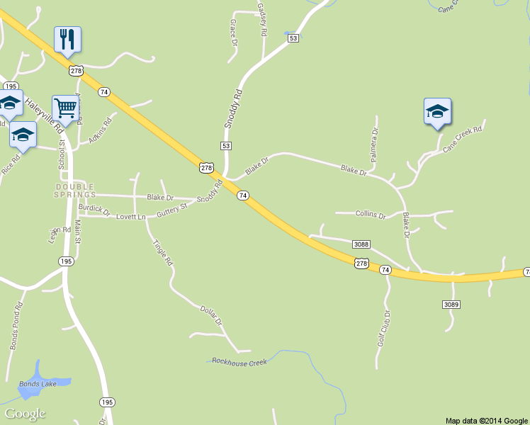 map of restaurants, bars, coffee shops, grocery stores, and more near Hwy 74 in Double Springs