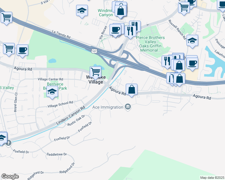 map of restaurants, bars, coffee shops, grocery stores, and more near 31416 Agoura Road in Westlake Village