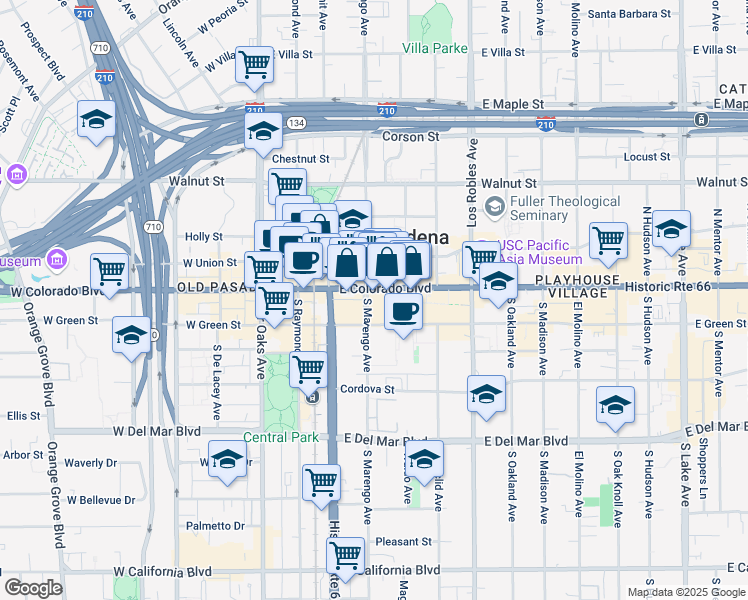 map of restaurants, bars, coffee shops, grocery stores, and more near 12 East Colorado Boulevard in Pasadena