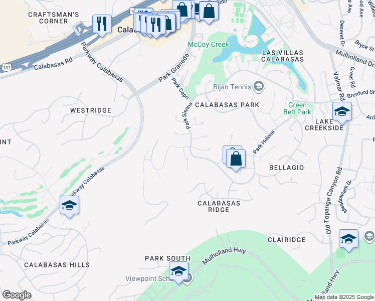 map of restaurants, bars, coffee shops, grocery stores, and more near 23690 Park Andorra in Calabasas