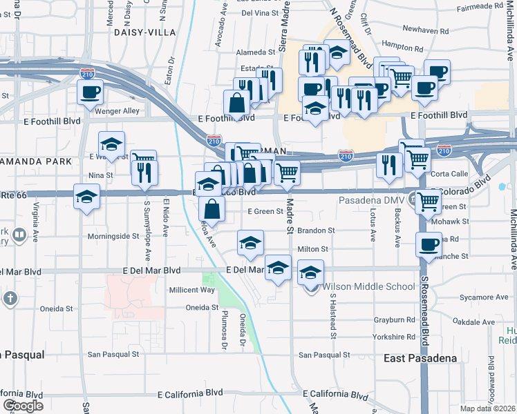 map of restaurants, bars, coffee shops, grocery stores, and more near 3247 East Green Street in Pasadena