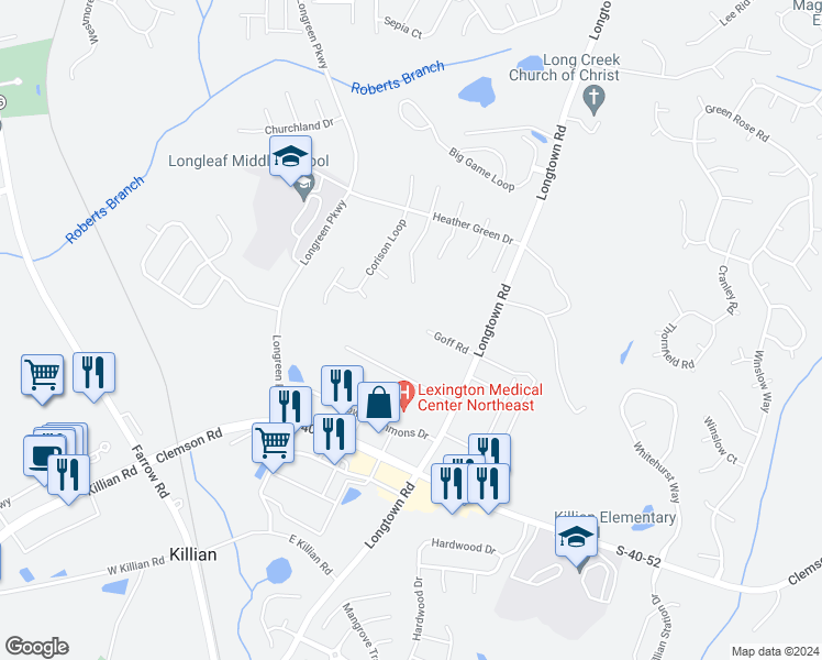 map of restaurants, bars, coffee shops, grocery stores, and more near 1030 Goff Road in Columbia