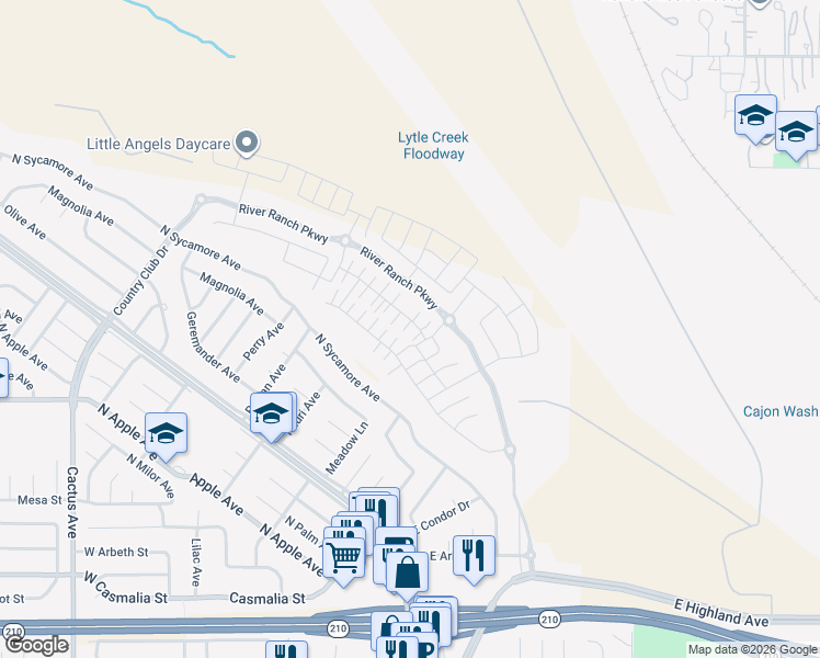 map of restaurants, bars, coffee shops, grocery stores, and more near 355 East Country Club Drive in Rialto