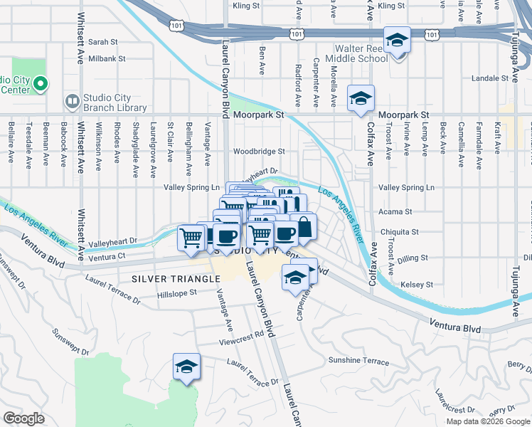 map of restaurants, bars, coffee shops, grocery stores, and more near 12036 Guerin Street in Los Angeles