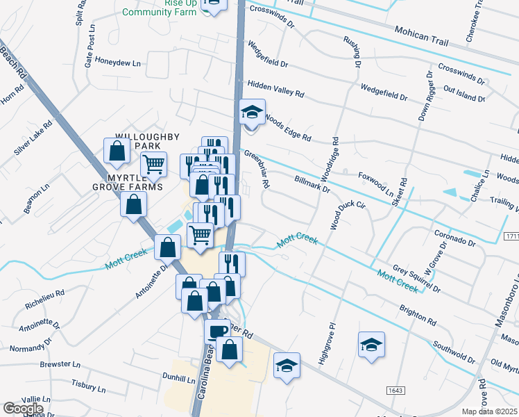 map of restaurants, bars, coffee shops, grocery stores, and more near 833 Pine Forest Road in Wilmington