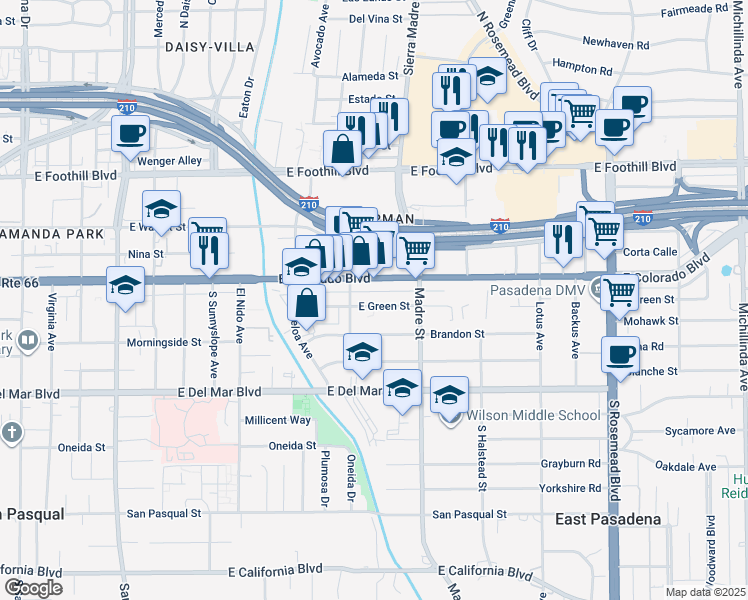 map of restaurants, bars, coffee shops, grocery stores, and more near 3247 East Green Street in Pasadena