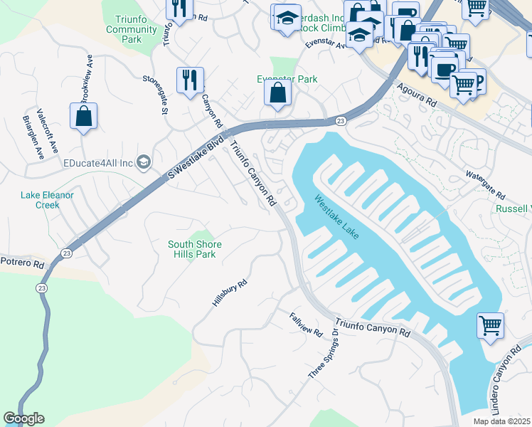 map of restaurants, bars, coffee shops, grocery stores, and more near 2270 Portola Lane in Westlake Village