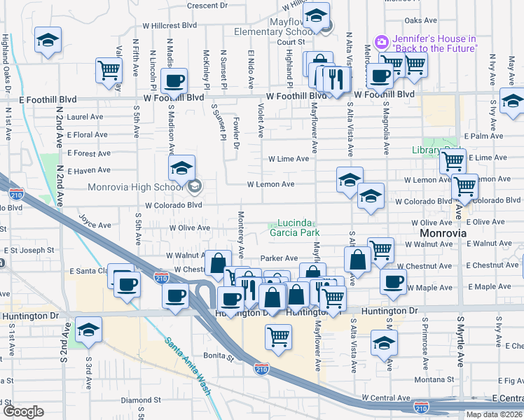 map of restaurants, bars, coffee shops, grocery stores, and more near 644 West Colorado Boulevard in Monrovia
