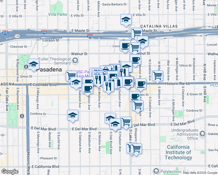 map of restaurants, bars, coffee shops, grocery stores, and more near in Pasadena