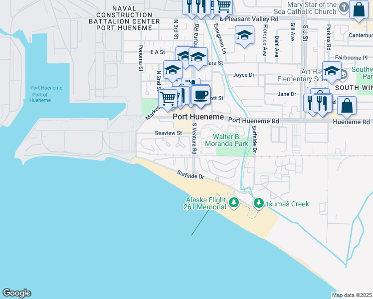 map of restaurants, bars, coffee shops, grocery stores, and more near 251 South Ventura Road in Port Hueneme