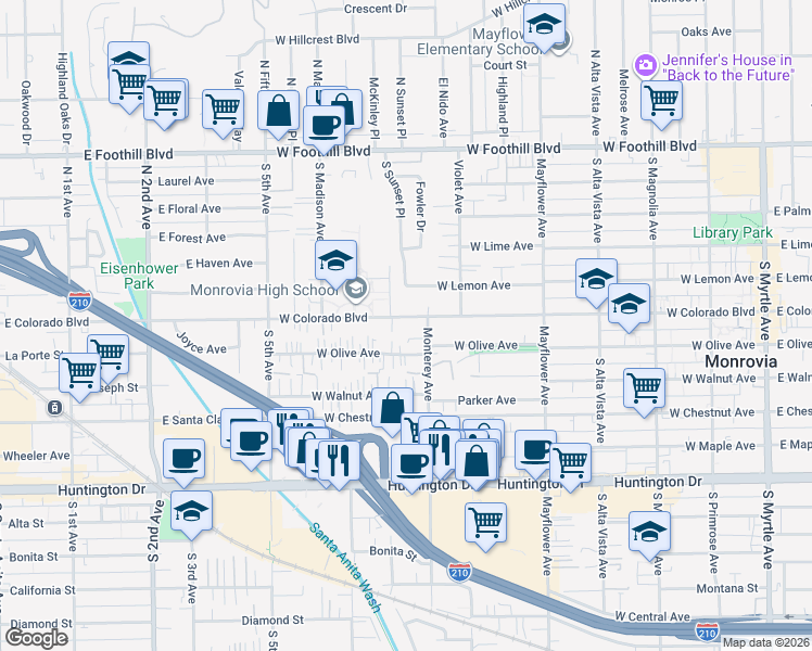 map of restaurants, bars, coffee shops, grocery stores, and more near 777 West Colorado Boulevard in Monrovia