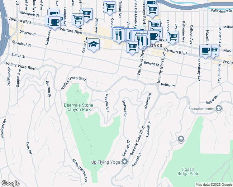 map of restaurants, bars, coffee shops, grocery stores, and more near 4108 Valley Vista Court in Los Angeles