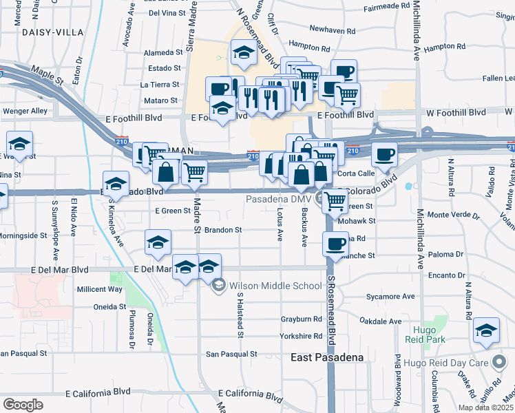 map of restaurants, bars, coffee shops, grocery stores, and more near 3547 East Green Street in Pasadena