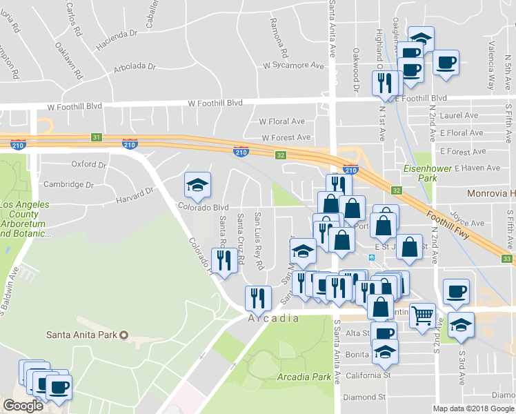 map of restaurants, bars, coffee shops, grocery stores, and more near W Colorado Blvd & San Luis Rey Rd in Arcadia
