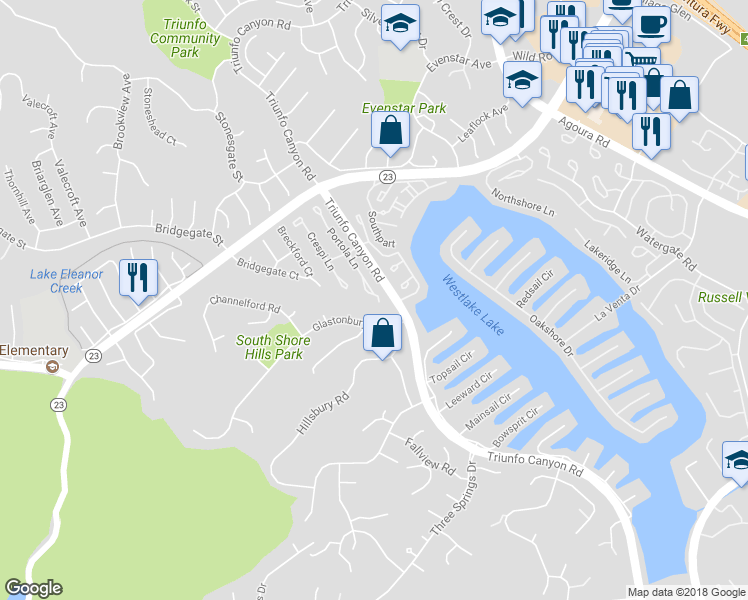 map of restaurants, bars, coffee shops, grocery stores, and more near 2270 Portola Lane in Westlake Village