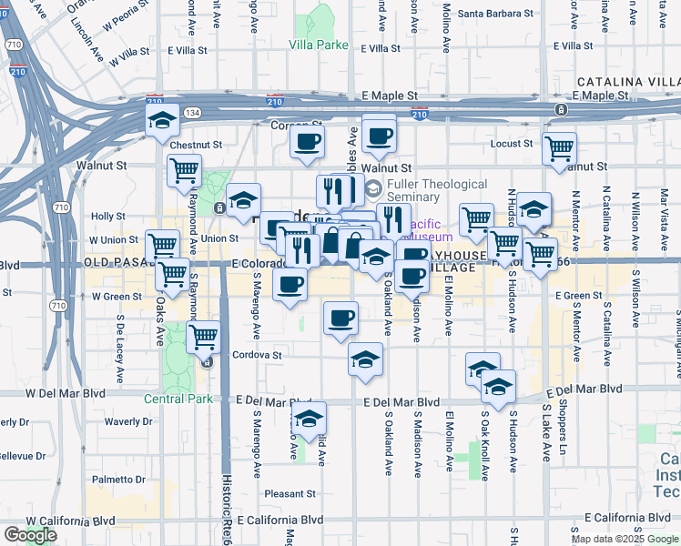 map of restaurants, bars, coffee shops, grocery stores, and more near 39 South Los Robles Avenue in Pasadena