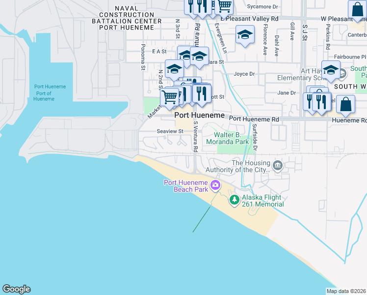 map of restaurants, bars, coffee shops, grocery stores, and more near in Port Hueneme