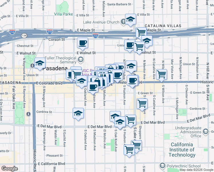 map of restaurants, bars, coffee shops, grocery stores, and more near 680 East Colorado Boulevard in Pasadena