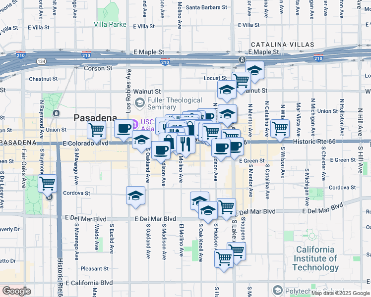 map of restaurants, bars, coffee shops, grocery stores, and more near 680 East Colorado Boulevard in Pasadena