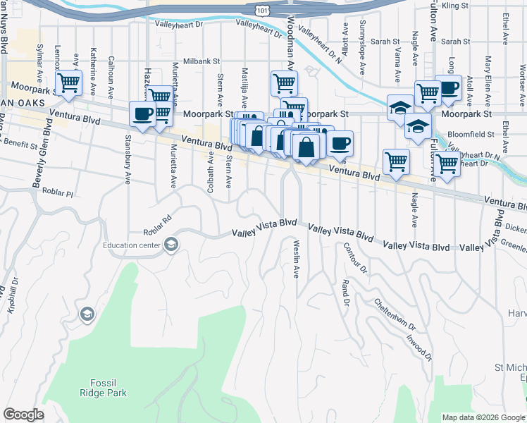 map of restaurants, bars, coffee shops, grocery stores, and more near 4118 Davana Road in Los Angeles