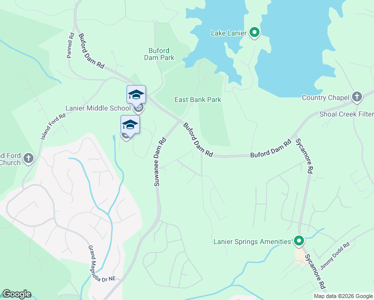 map of restaurants, bars, coffee shops, grocery stores, and more near 6494 Blue Water Drive in Buford