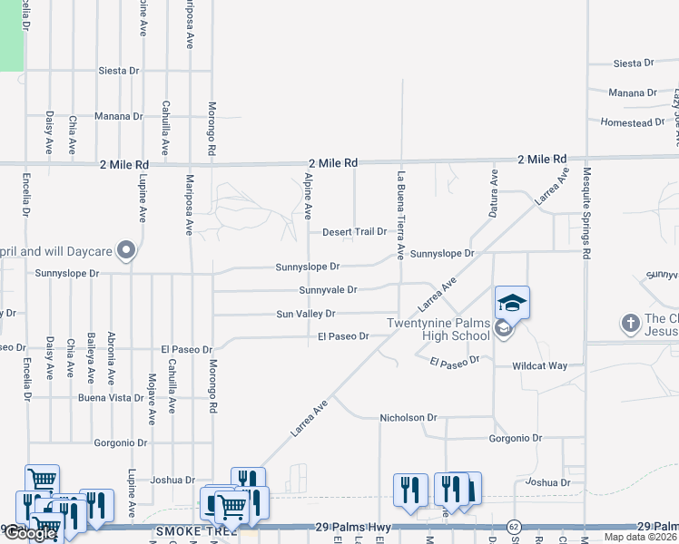 map of restaurants, bars, coffee shops, grocery stores, and more near 72376 Sunnyslope Drive in Twentynine Palms
