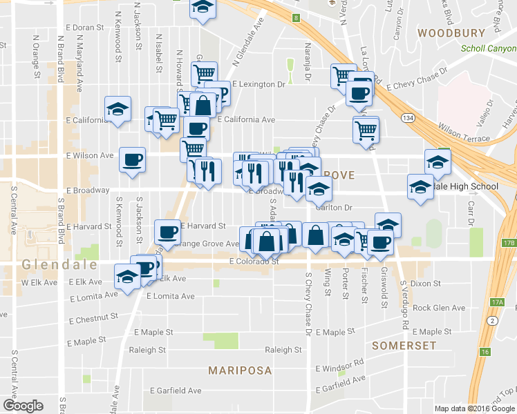 map of restaurants, bars, coffee shops, grocery stores, and more near 120 South Belmont Street in Glendale