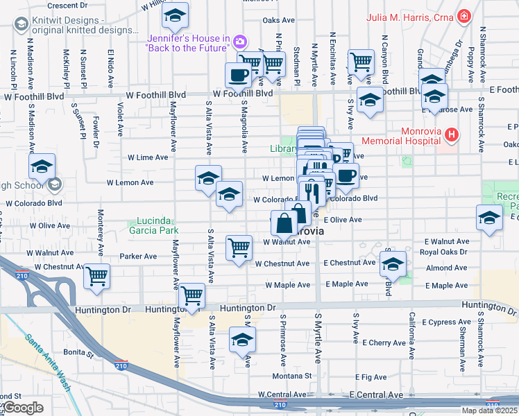 map of restaurants, bars, coffee shops, grocery stores, and more near 232 West Colorado Boulevard in Monrovia