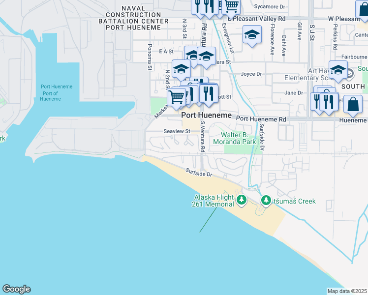 map of restaurants, bars, coffee shops, grocery stores, and more near 263 South Ventura Road in Port Hueneme